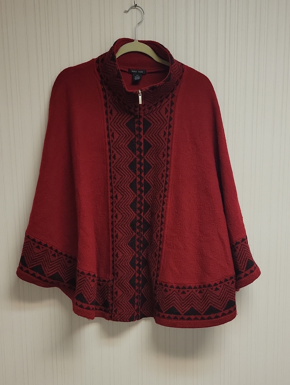 Katie Todd Red Black Wool Cape. Small Medium Fall Old Money Lightweight